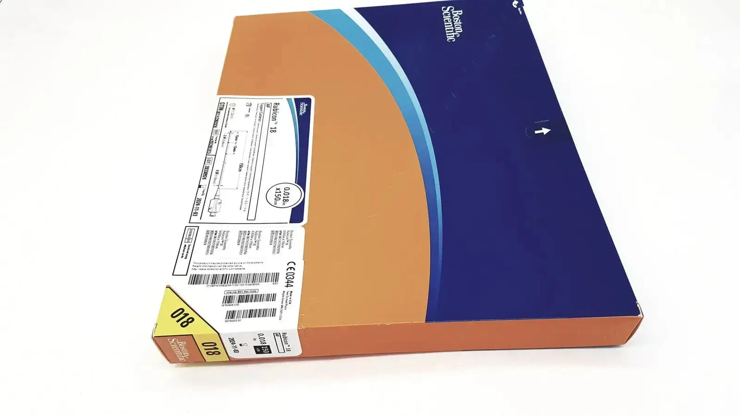 Blue and orange cardboard box of boston scientific rubicon 18 support catheter featuring bovie scientific branding g-bbha2-2c