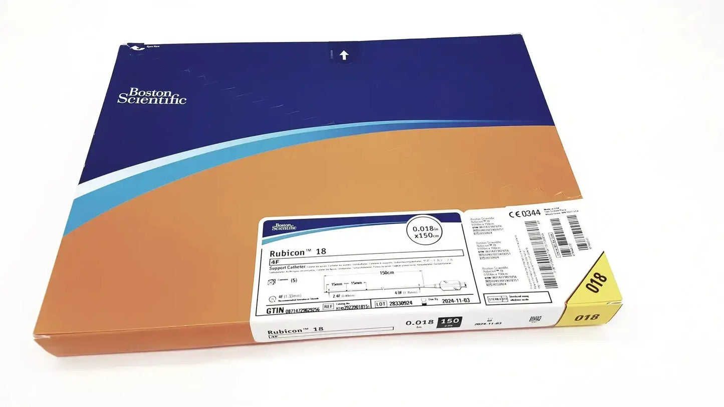 Boston scientific rubicon 18 support catheter package in blue orange white cardboard box with product labeling g-bbha2-2c