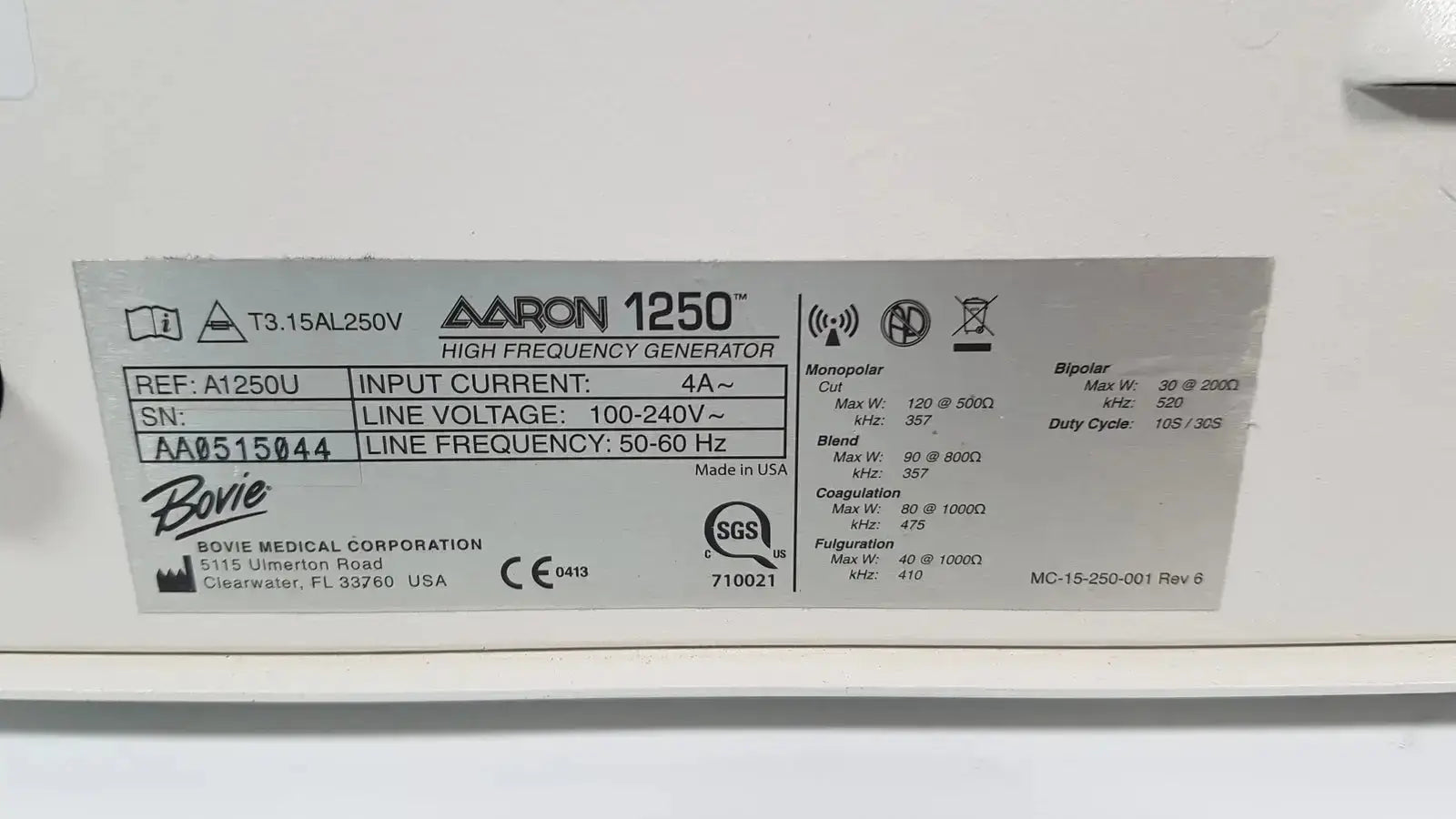 Label of bovie aaron 1250 electrosurgical generator with technical specifications on hospital surplus unit back side