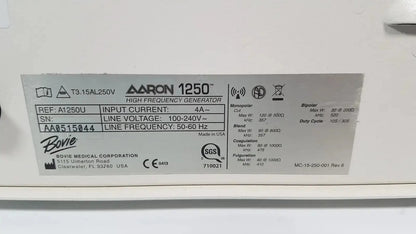 Label of bovie aaron 1250 electrosurgical generator with technical specifications on hospital surplus unit back side
