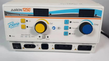 White bovie aaron 1250 electrosurgical generator with yellow and blue control knobs for hospital surplus use