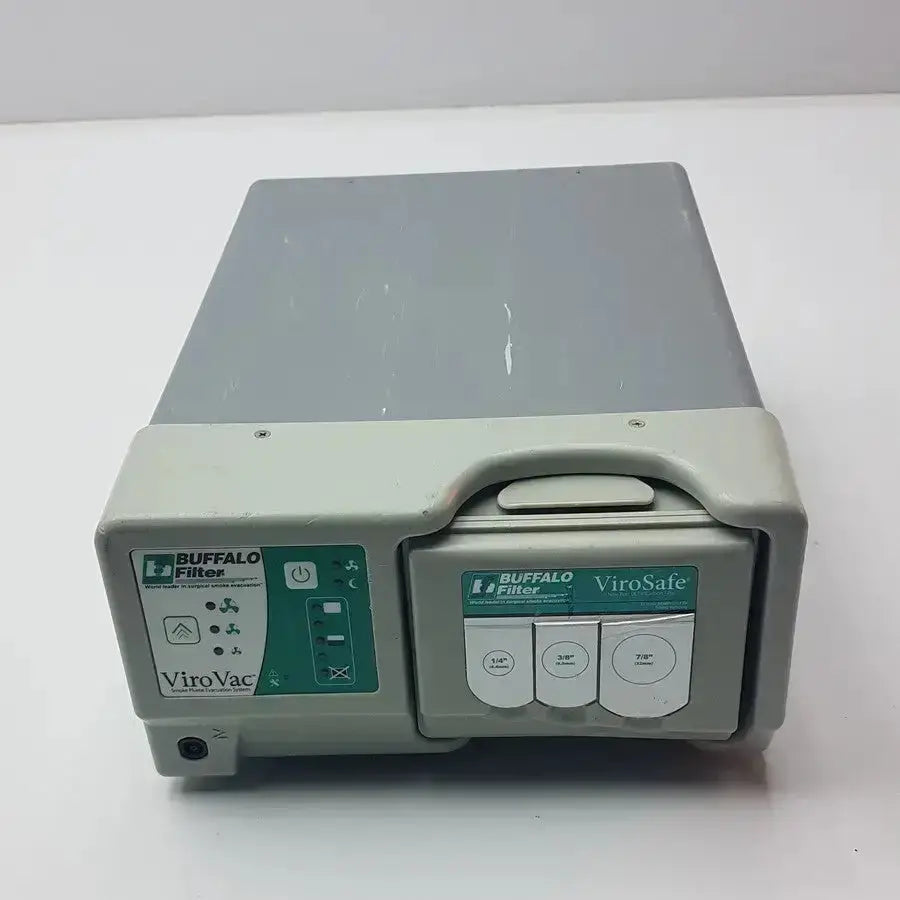 Gray plastic buffalo filter virovac smoke evacuation device with green white control panels for virovac and virosafe functions