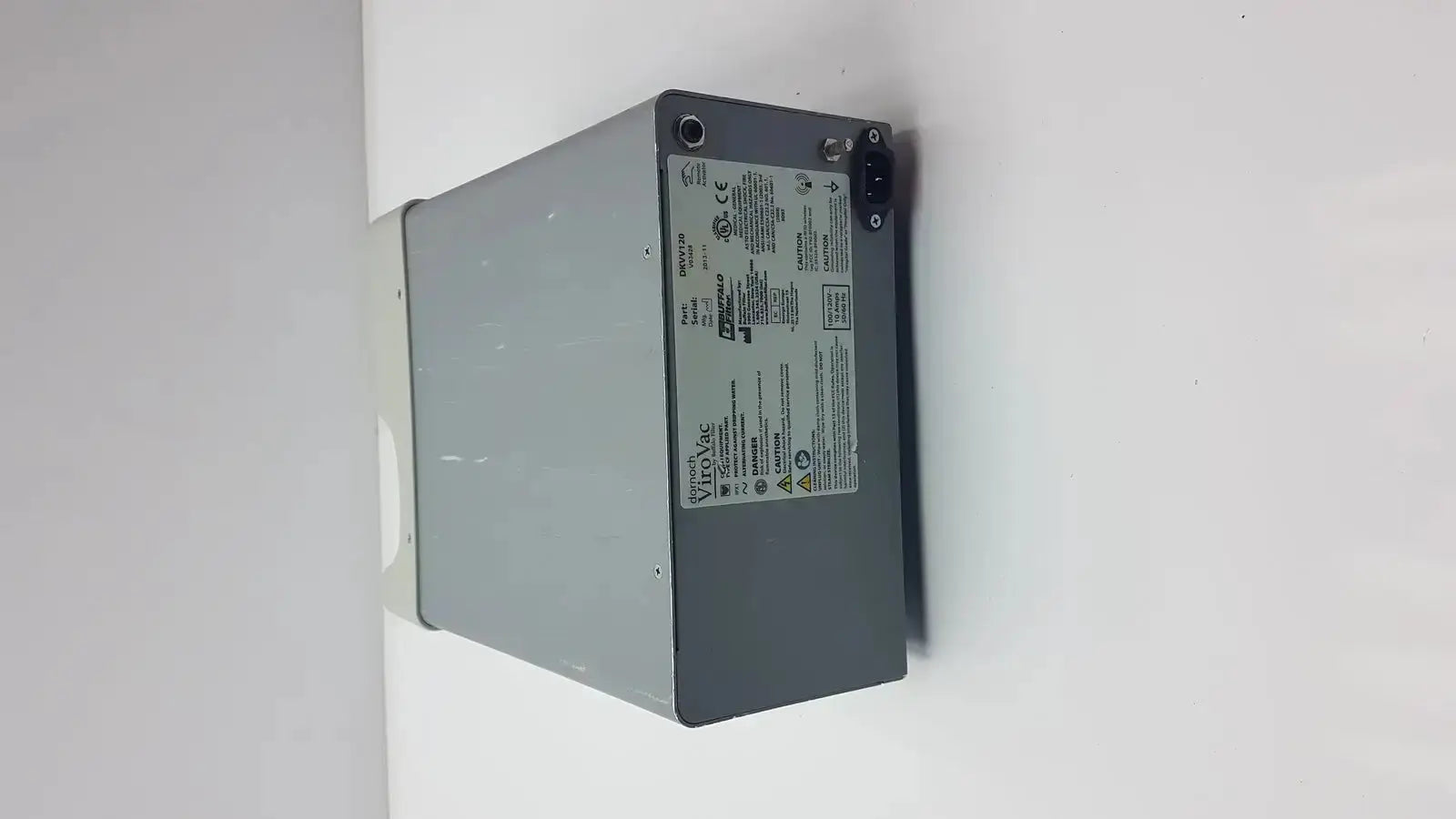 Gray metal industrial power supply unit with technical specifications for buffalo filter virovac smoke evacuation device