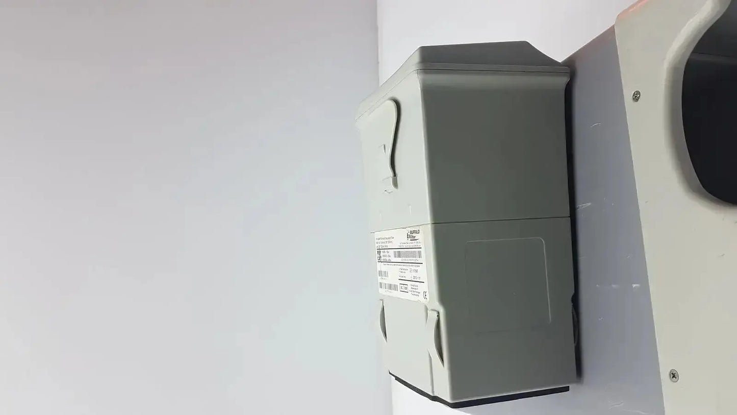Gray plastic electrical box with label and mounting brackets for buffalo filter virovac smoke evacuation system