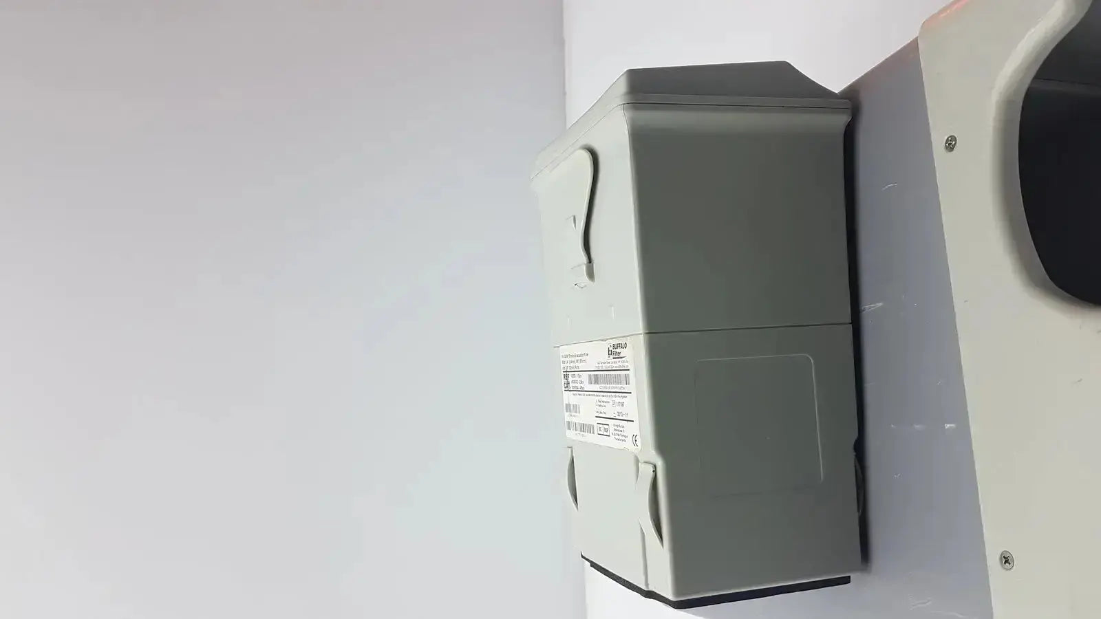 Gray plastic electrical box with label and mounting brackets for buffalo filter virovac smoke evacuation system