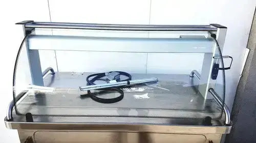 Stainless steel food display counter with curved glass top and metal frame burlodge multigen ii blm52 for returned items