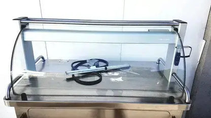 Stainless steel food display counter with curved glass top and metal frame burlodge multigen ii blm52 for returned items