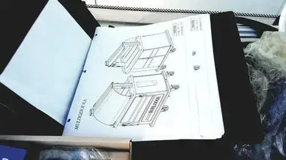 Blueprint of burlodge multigen ii blm52 multi-drawer utility cart with wheels in black-and-white line drawing for returned items