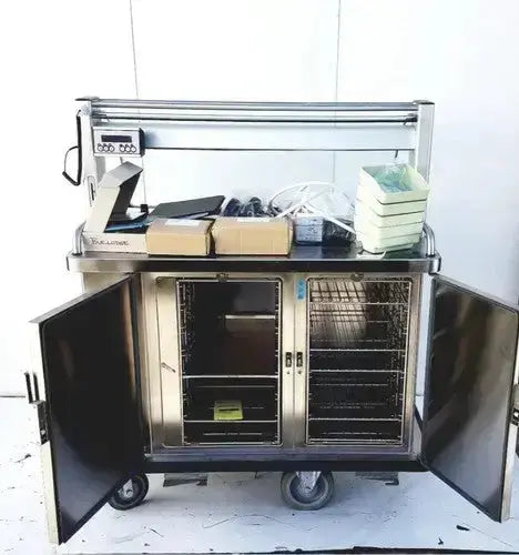 Stainless steel medical cart burlodge multigen ii blm52 with open doors showing wire racks and a digital scale on top shelf