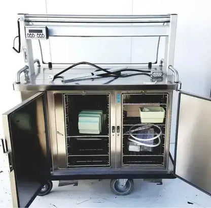 Stainless steel medical cart burlodge multigen ii blm52 with two open doors showing sterilization trays and equipment inside