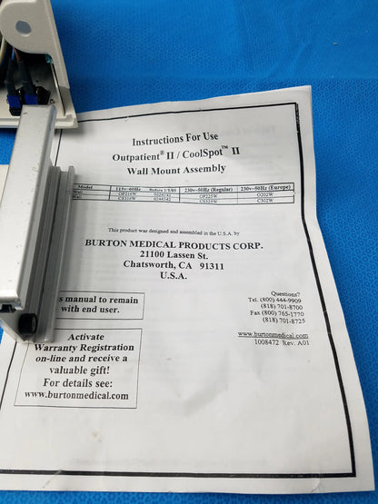 White plastic wall mount assembly for burton medical outpatient ii coolspot ii examination light medical equipment reuse
