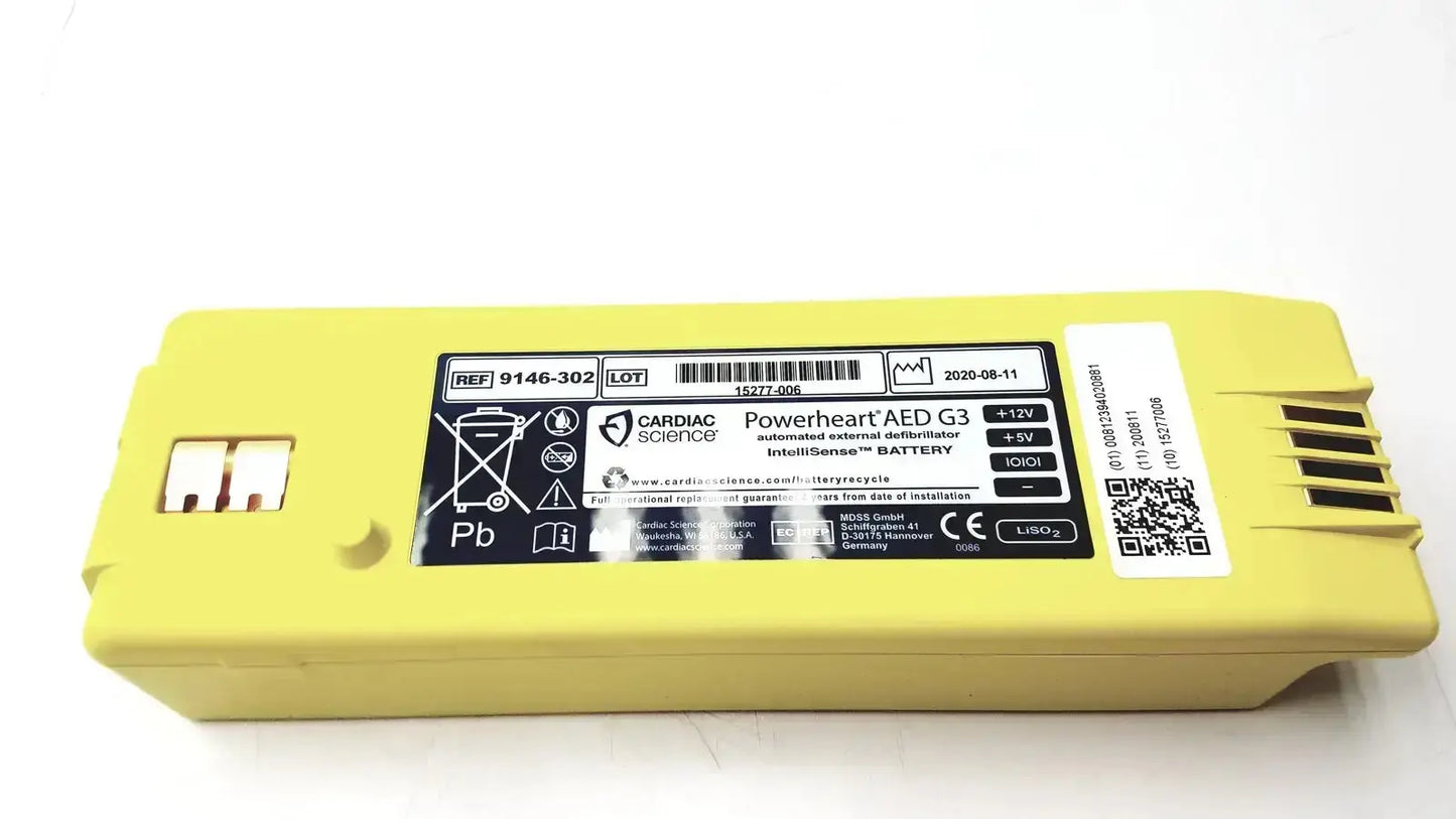 Yellow rectangular cardiac science intellisense lithium battery for powerheart g3 aed with black labeling and qr code