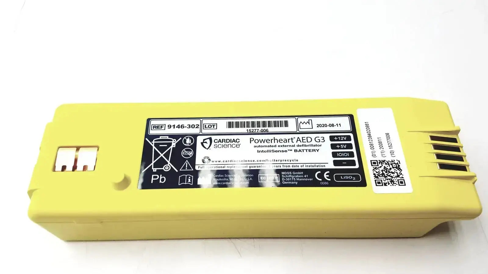 Yellow rectangular cardiac science intellisense lithium battery for powerheart g3 aed with black labeling and qr code