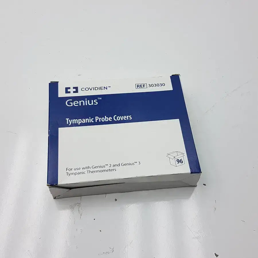 Blue and white cardboard box of cardinal health covidien genius tympanic probe covers for medical use
