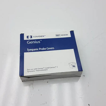 Blue and white cardboard box of cardinal health covidien genius tympanic probe covers for medical use