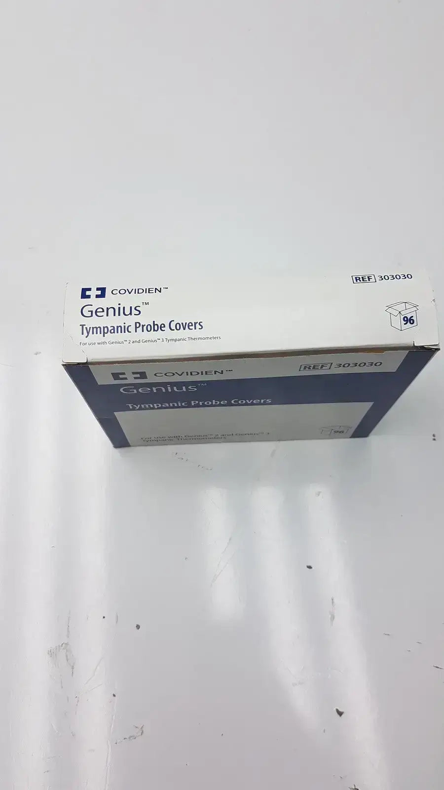 Cardinal Health tympanic probe covers in white and blue cardboard box for covidien genius probe covers