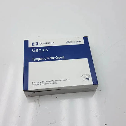 Cardinal Health tympanic probe covers genius 303030 blue and white cardboard box containing 96 units of health genius probe covers