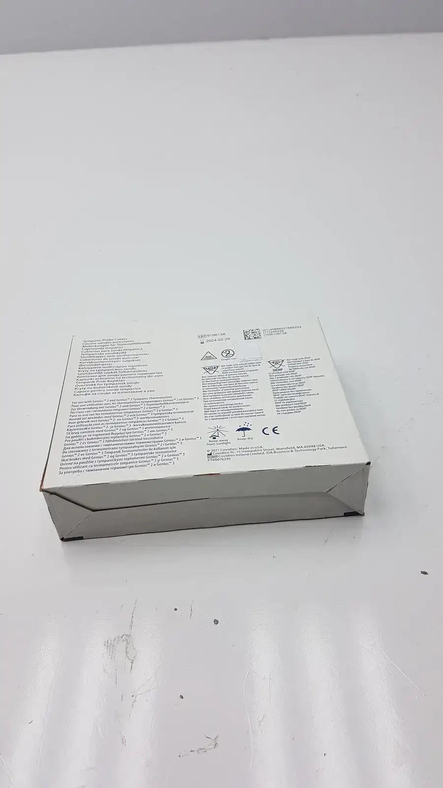 White rectangular cardboard box of cardinal health tympanic probe covers with printed text and certification logos