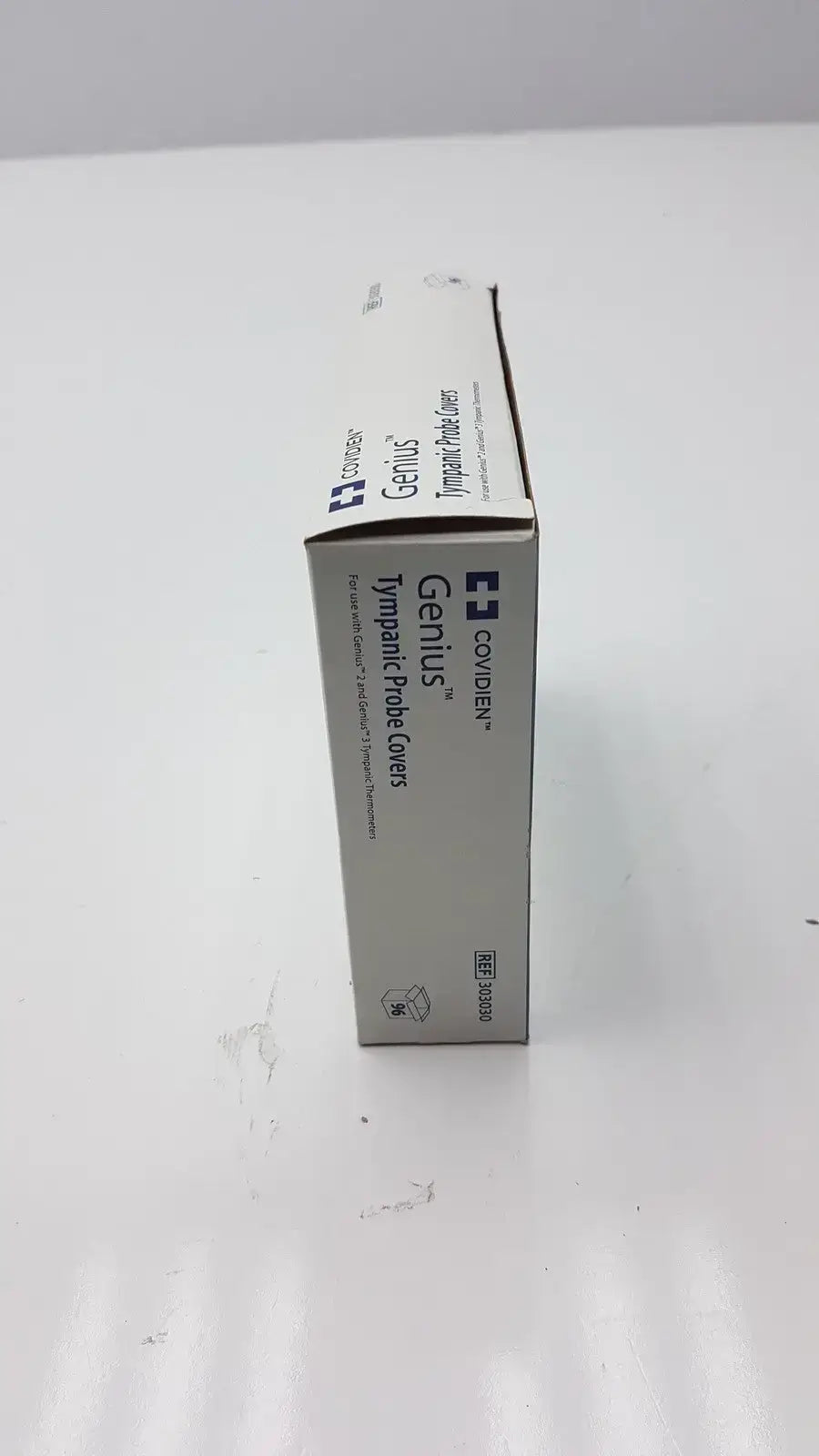 White cardboard box of cardinal health tympanic probe covers labeled genius typapant probe covers by covidien