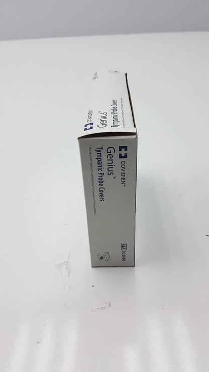 White cardboard box of cardinal health tympanic probe covers labeled genius typapant probe covers by covidien