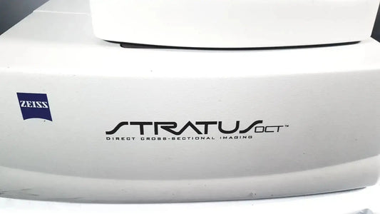White Carl Zeiss Stratus OCT Model 3000 Direct Cross-Sectional Imaging patient module with black lettering and logo