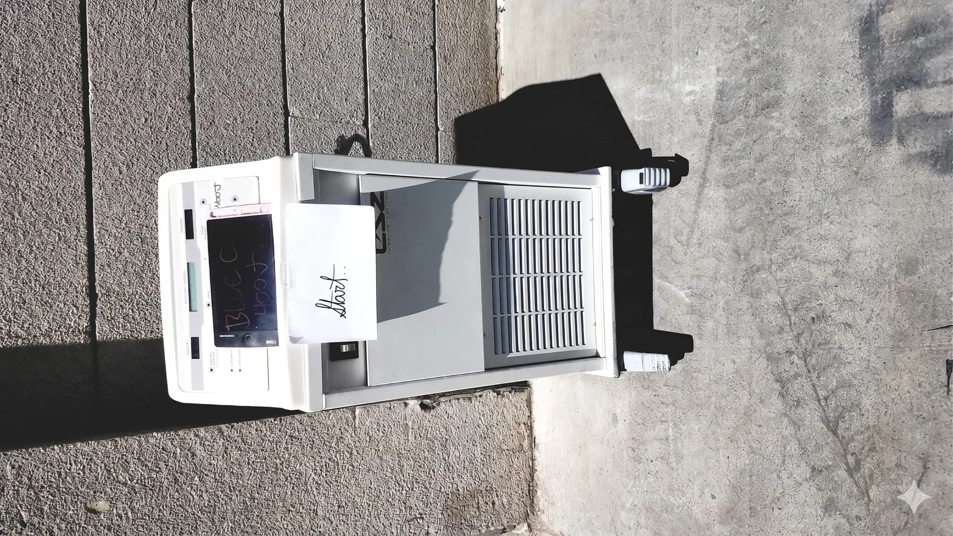 White plastic cincinnati sub-zero csz blanketrol ii 222r hyper hypothermia unit with vented side panel and handwritten label