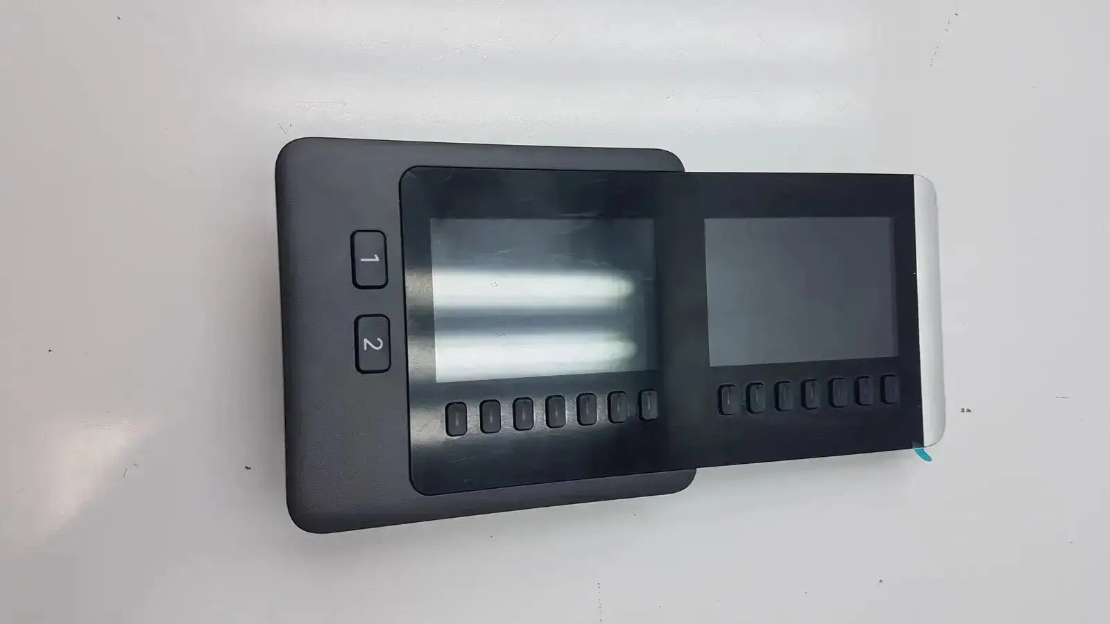 Black rectangular expansion module with fingerprint scanner two numbered buttons and sliding panel for audio cp-8800-a-kem series kem