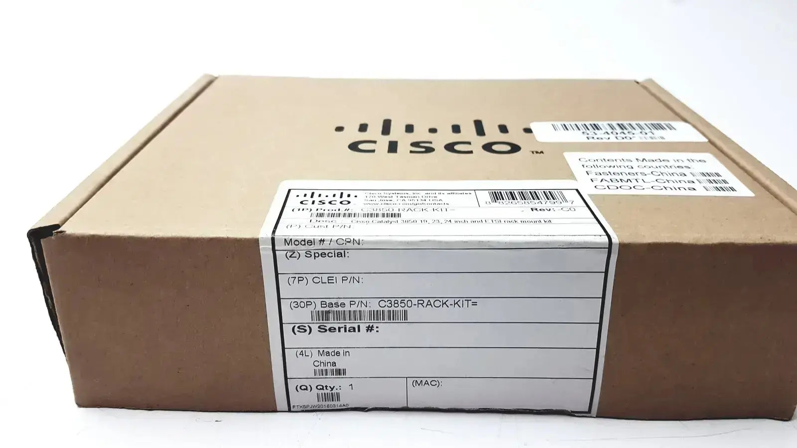 Brown cardboard box with cisco branding and product labeling for cisco catalyst 3850 rack mount kit