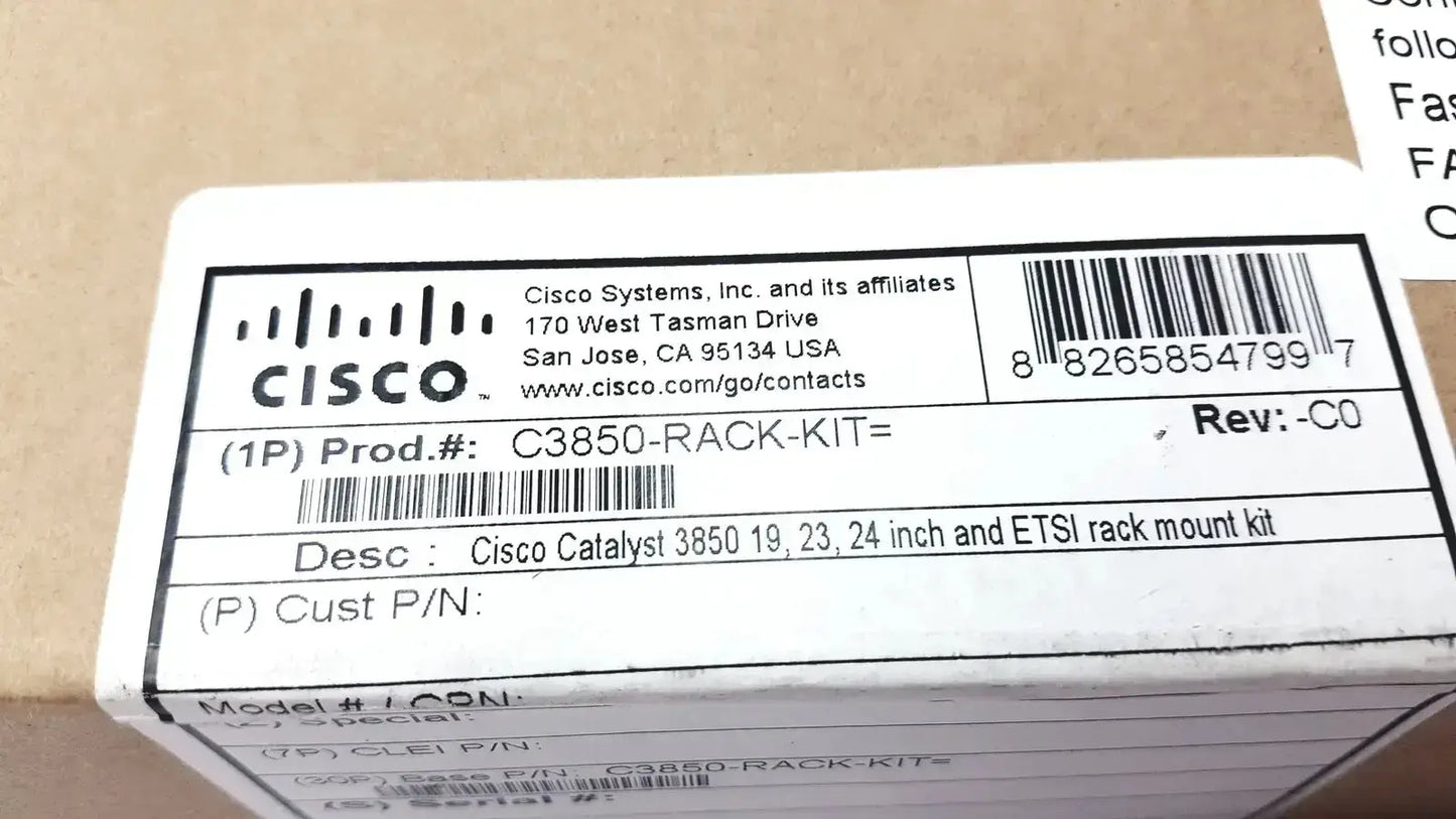 Cisco Catalyst 3850 rack mount kit in a white cardboard box with black printed labeling for 19, 23, 24 inch racks