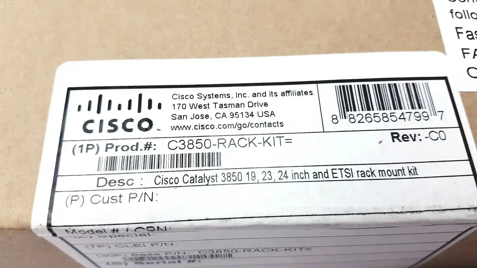 Cisco Catalyst 3850 rack mount kit in a white cardboard box with black printed labeling for 19, 23, 24 inch racks