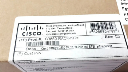 Cisco Catalyst 3850 rack mount kit in a white cardboard box with black printed labeling for 19, 23, 24 inch racks