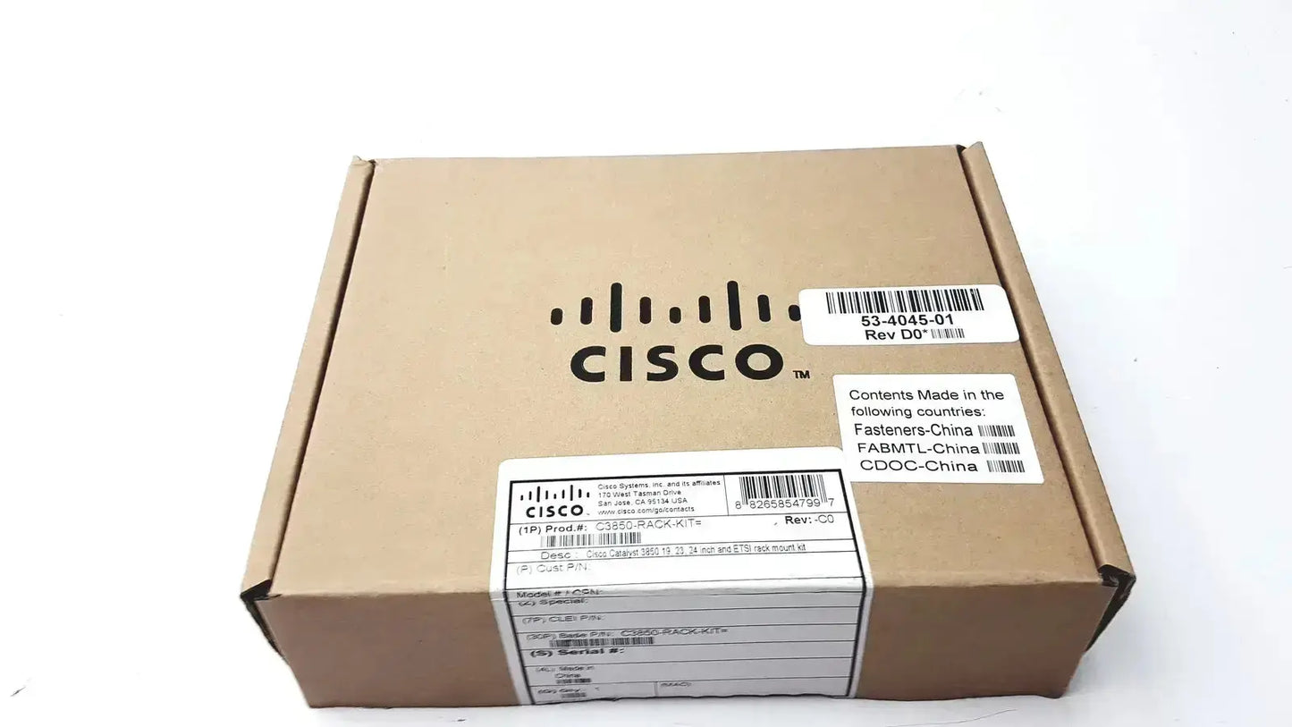 Brown cardboard box with black cisco logo and labels containing cisco catalyst 3850 rack mount kit for 19 23 24 inch racks