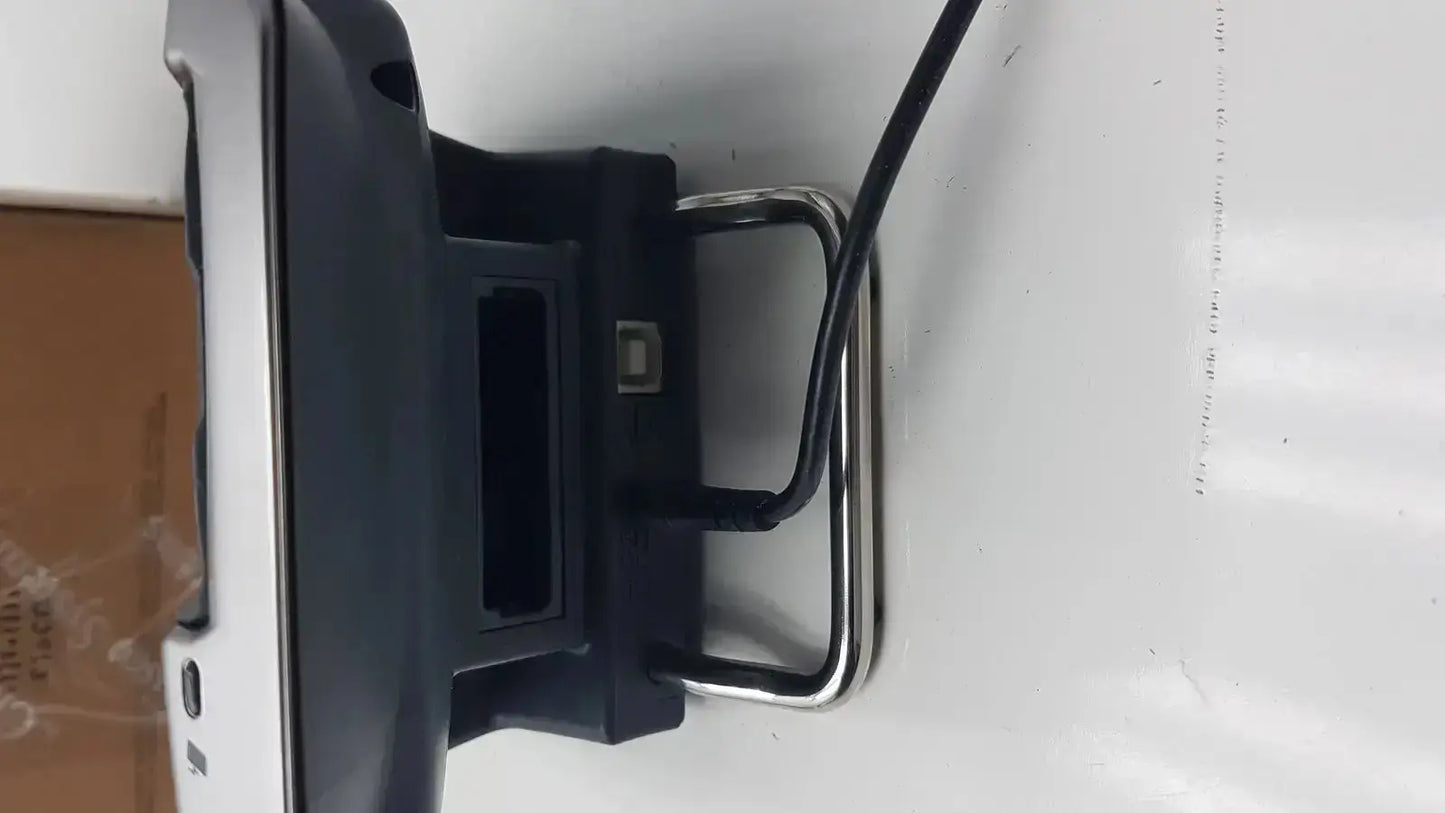 Black plastic and metal tablet stand with silver frame for cisco cp-7921g-a-k9 wireless phone with base and box