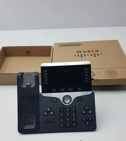 Black cisco cp-8841 ip phone with silver accent, touchscreen display, multiple function buttons, color voip poe device