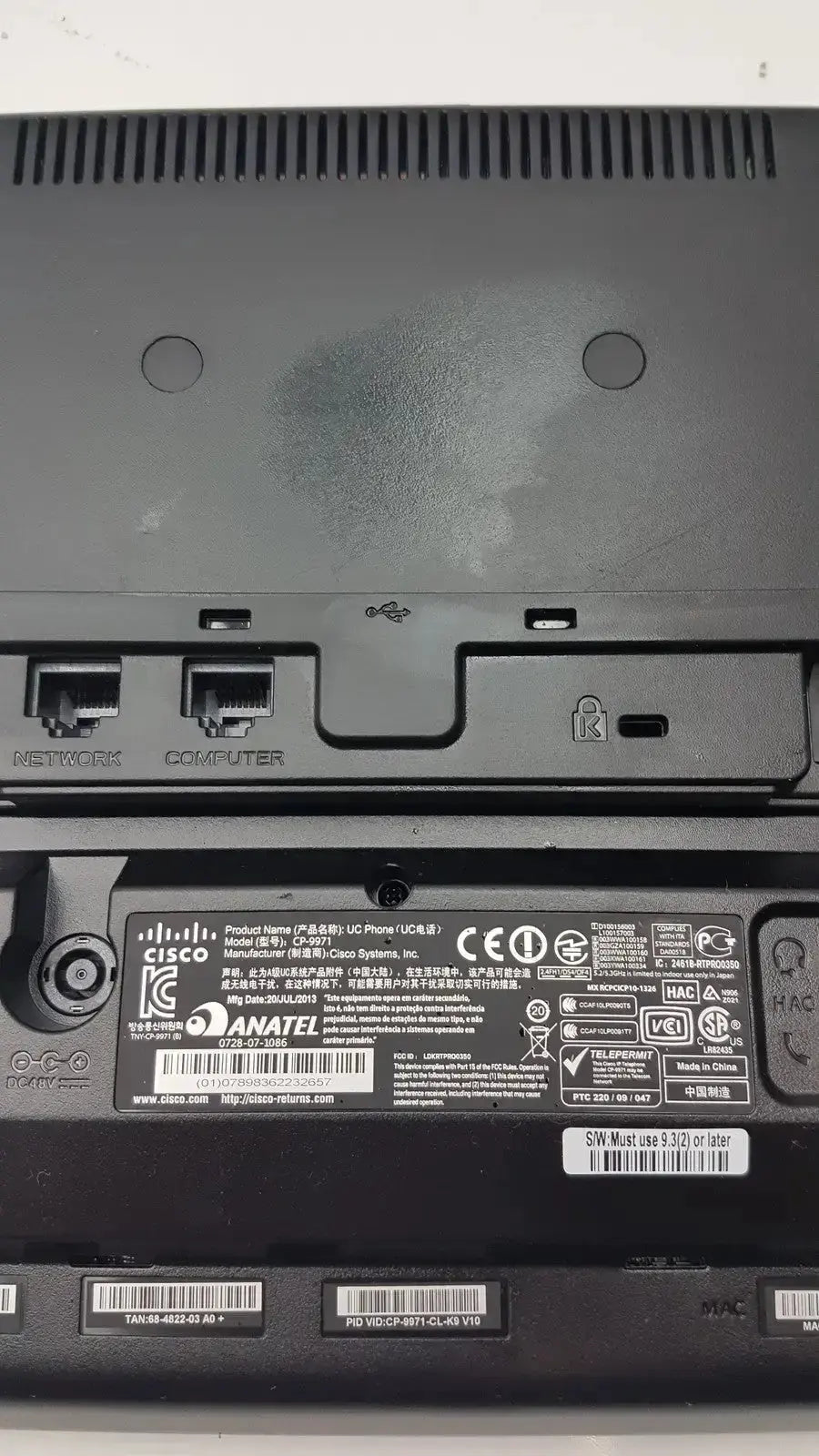 Black cisco cp-9971 ip color office phone showing back panel with ethernet and usb ports labeled anatel