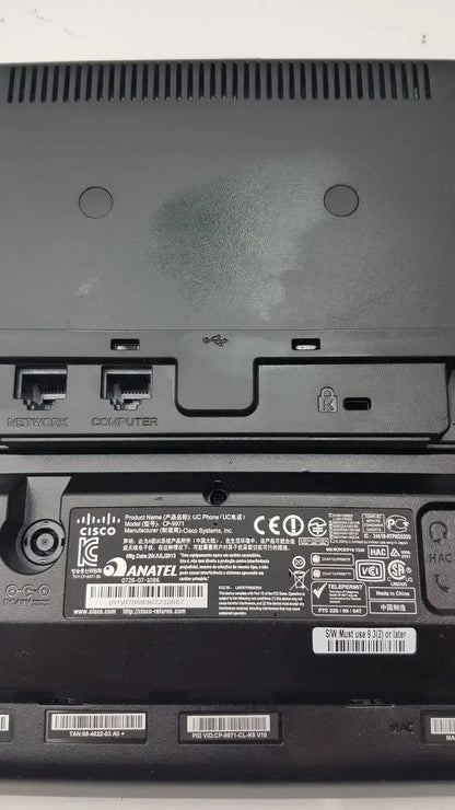 Black cisco cp-9971 ip color office phone showing back panel with ethernet and usb ports labeled anatel