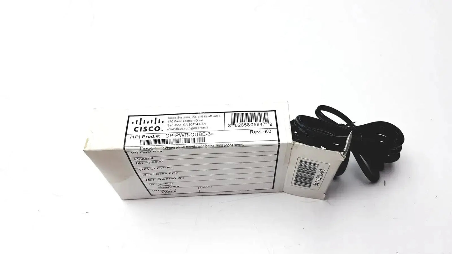 Cisco IP phone power supply cp-pwr-cube-3 in original white packaging with a coiled black phone power cable