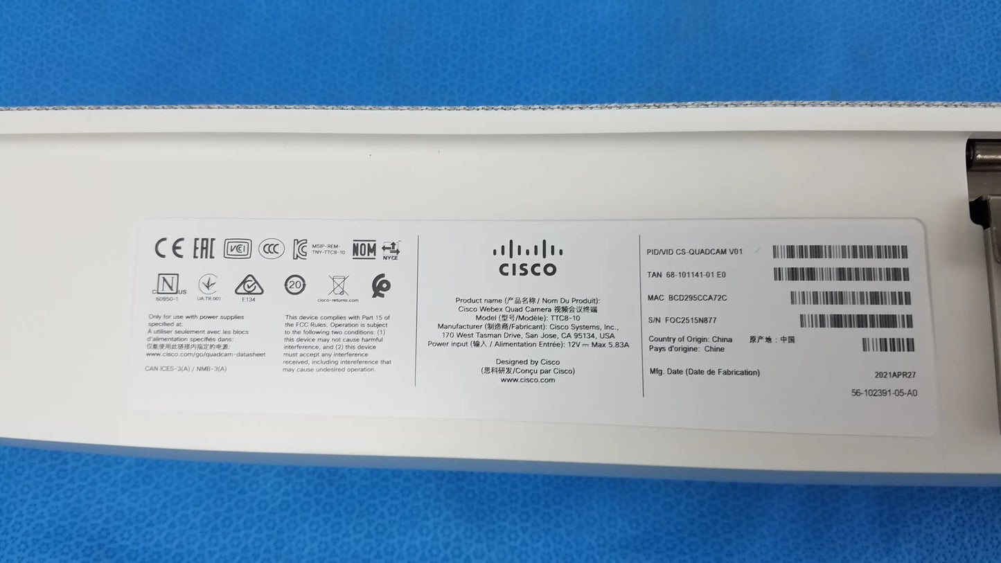 Cisco TTC8-10 Webex Quad Conference Room Camera