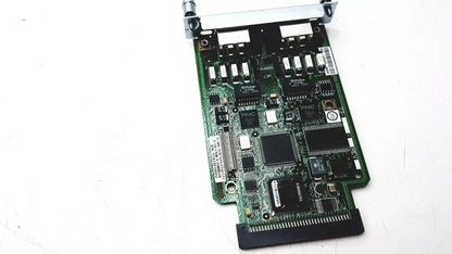 Green circuit board with black integrated circuits and silver connectors of cisco vwic2 2mft-t1 e1 2-port voice wan module