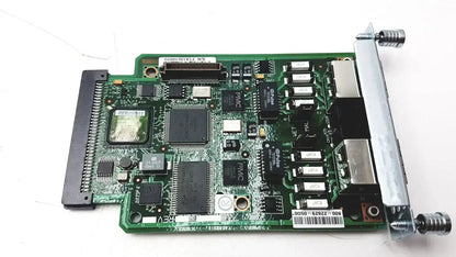 Green circuit board with black integrated circuits and silver connectors featuring barcode label of cisco vwic2 2mft-t1 e1 2-port voice wan module