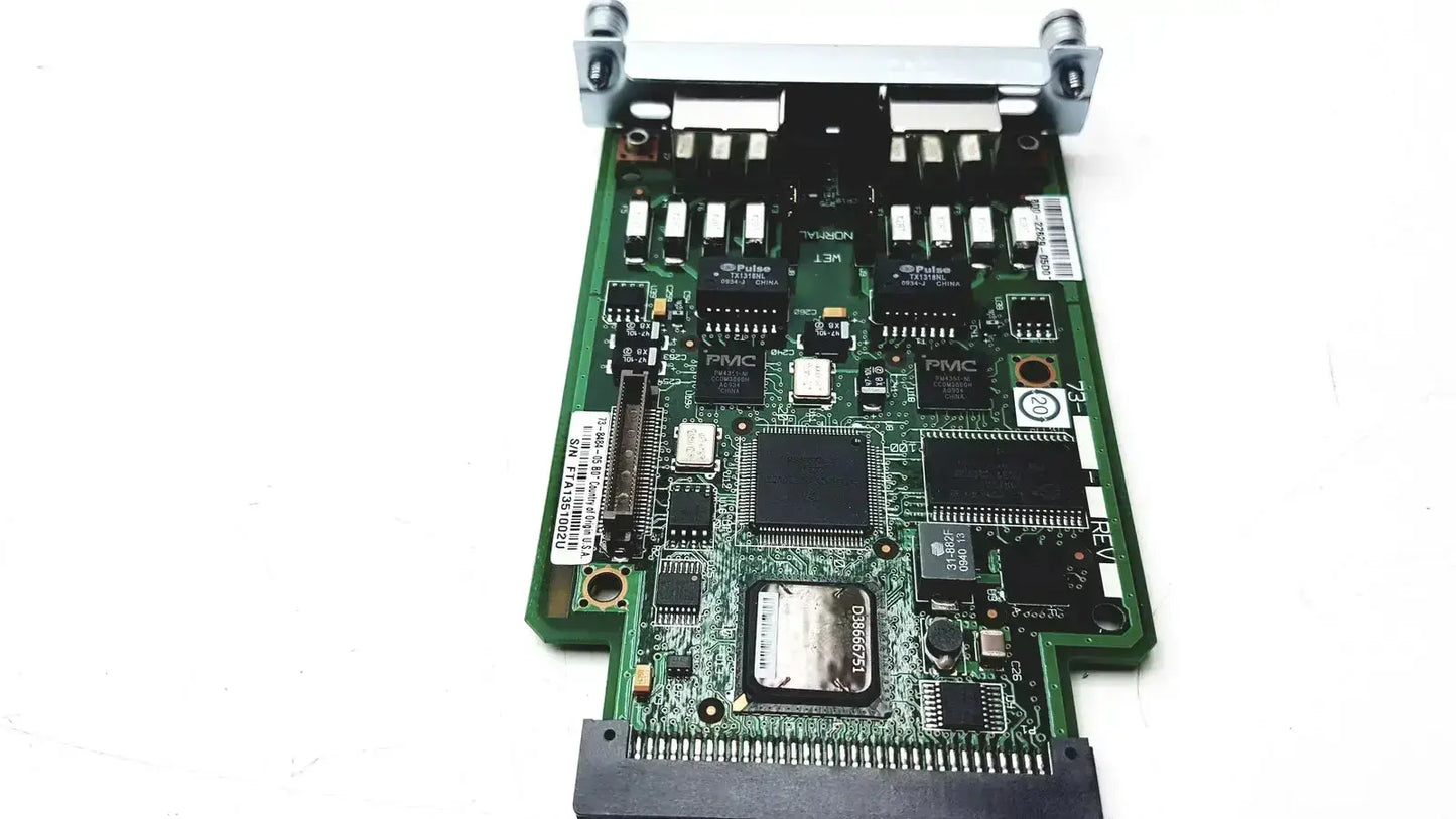 Green circuit board with black integrated circuits and silver connectors in cisco vwic2 2mft-t1 e1 2-port voice wan module
