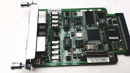 Green circuit board with silver connectors and black chips of cisco vwic2 2mft-t1 e1 2-port voice wan module