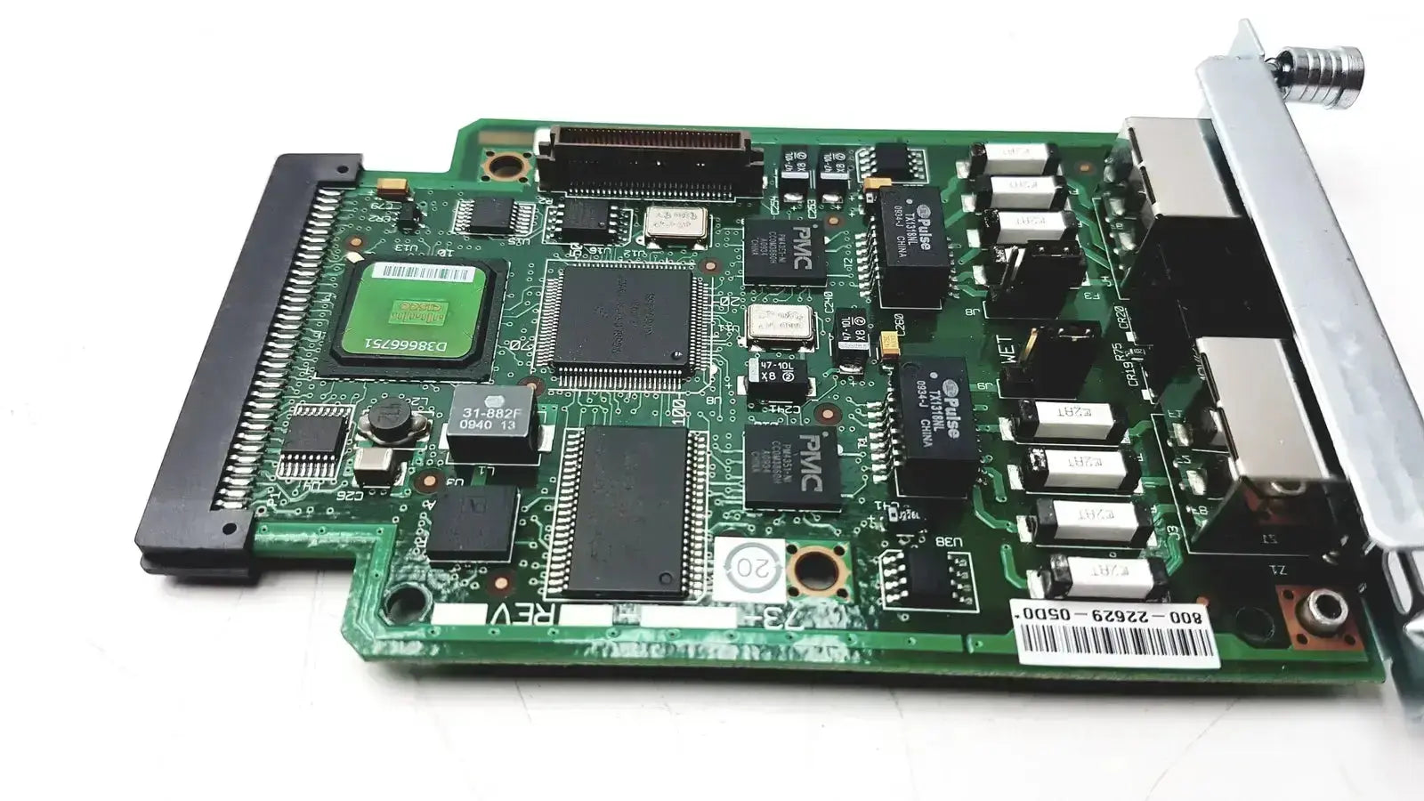 Green circuit board with black integrated circuits and silver connectors of cisco vwic2 2mft-t1 e1 2-port voice wan module