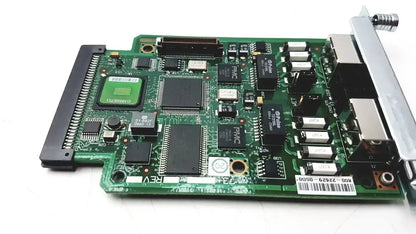 Green circuit board with black integrated circuits and silver connectors of cisco vwic2 2mft-t1 e1 2-port voice wan module