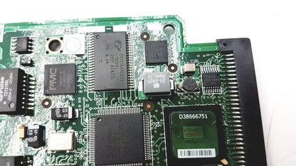 Green circuit board with black integrated circuits and silver solder points in cisco vwic2 2mft-t1 e1 2-port voice wan module