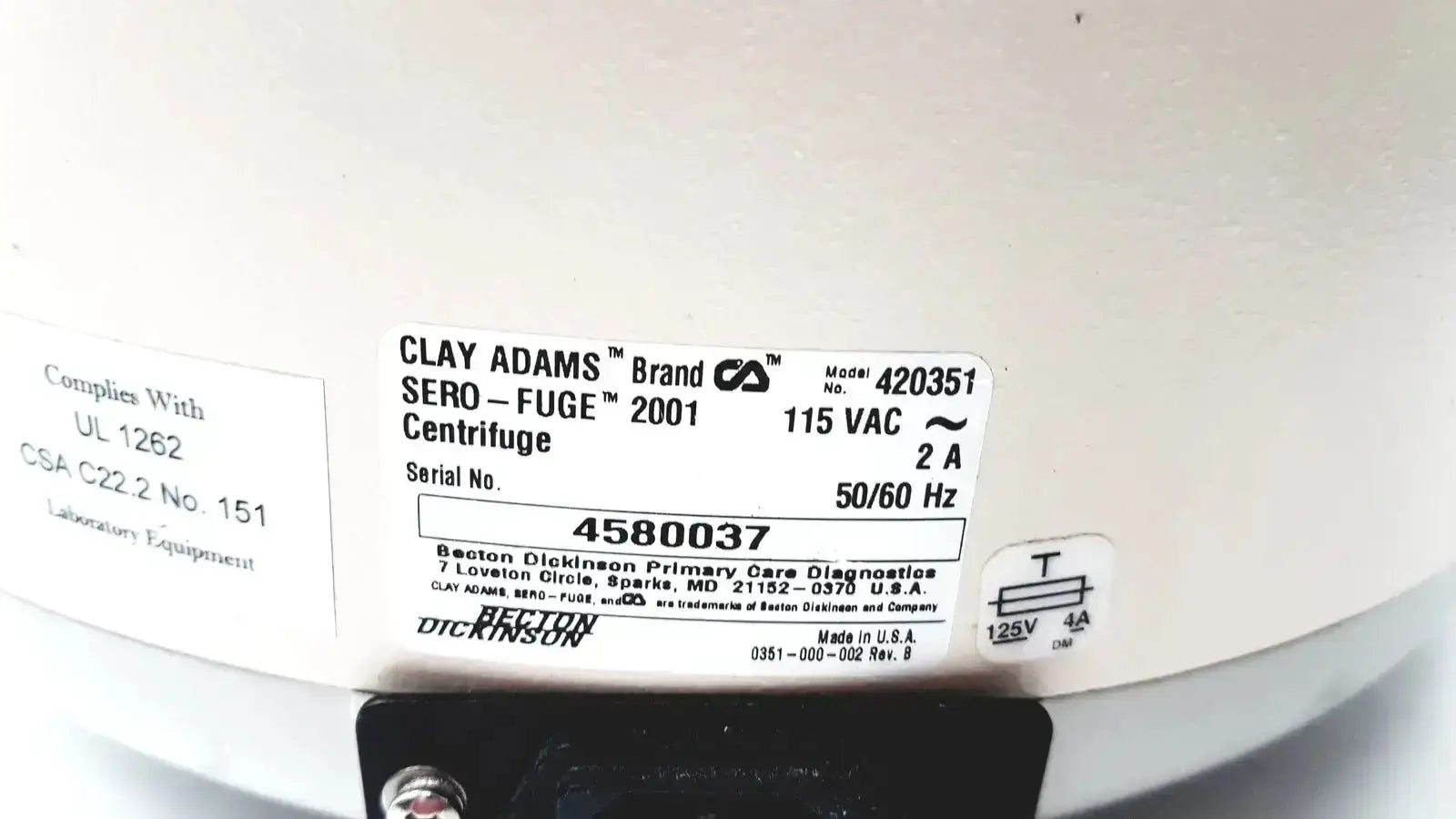 Clay adams becton sero-fuge 2001 centrifuge with white clay body black base and detailed voltage and manufacturer label