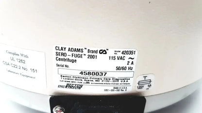 Clay adams becton sero-fuge 2001 centrifuge with white clay body black base and detailed voltage and manufacturer label