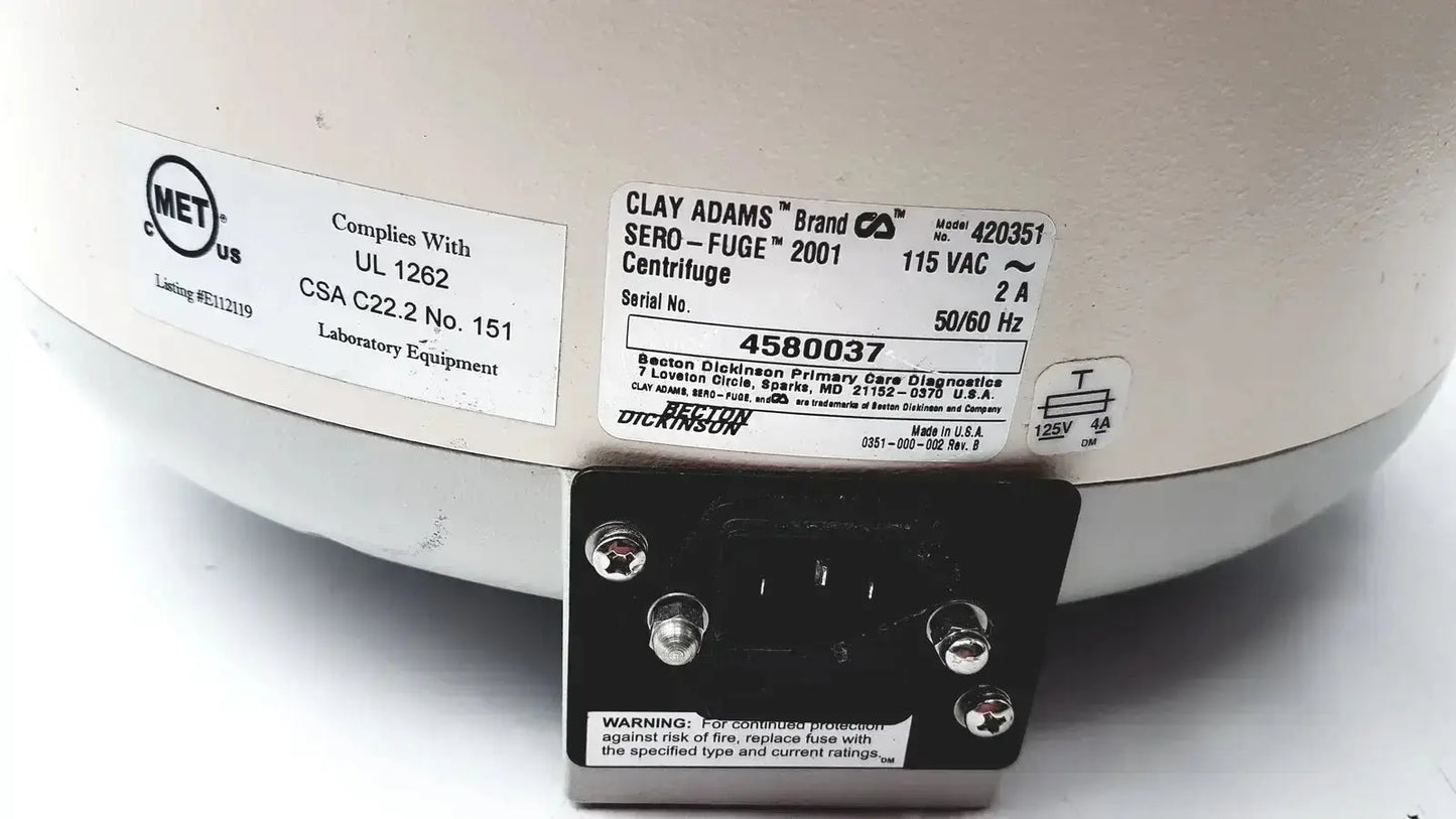 White clay adams becton dickinson sero-fuge 2001 centrifuge back with black power input plate and certification labels