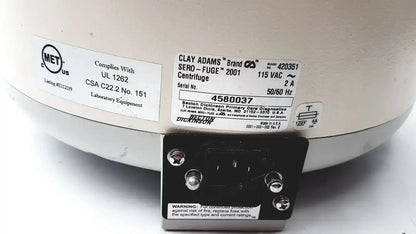 White clay adams becton dickinson sero-fuge 2001 centrifuge back with black power input plate and certification labels