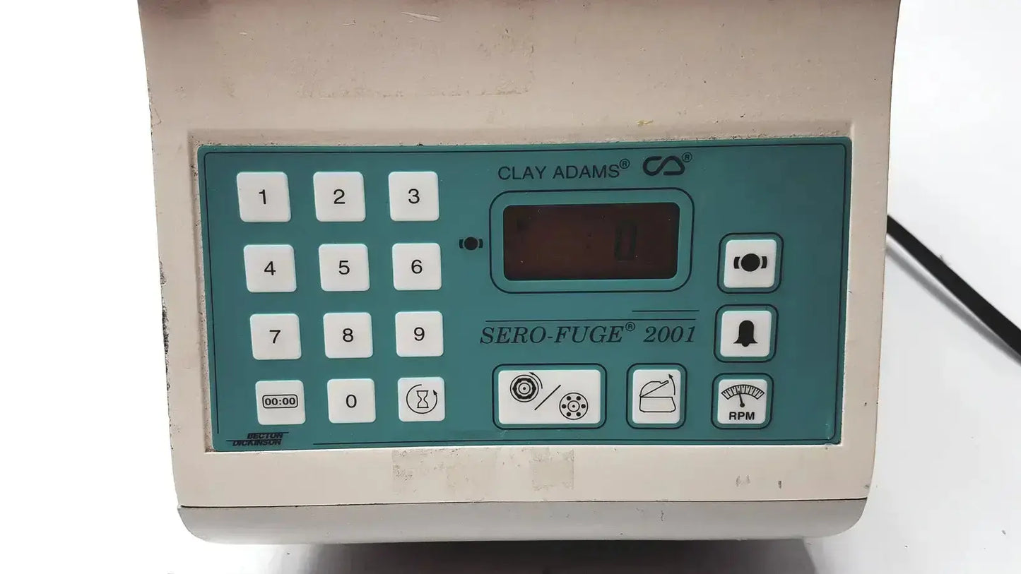 Clay adams becton dickinson sero-fuge 2001 centrifuge with teal control panel white buttons and digital display
